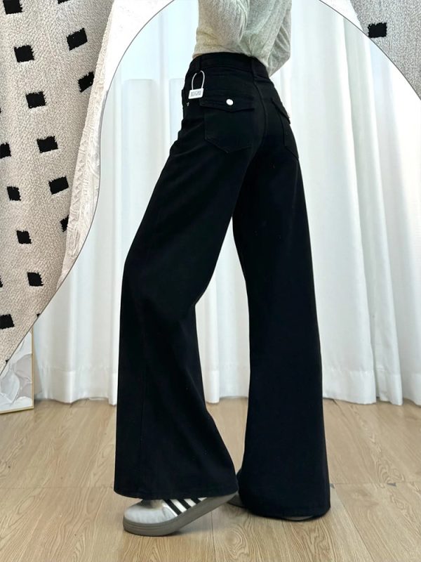 Petite Women's Black Wide-Leg Jeans, Loose Fit Flared Pants for Pear-Shaped Bodies, 2025 New Style, Trendy Casual Fashion