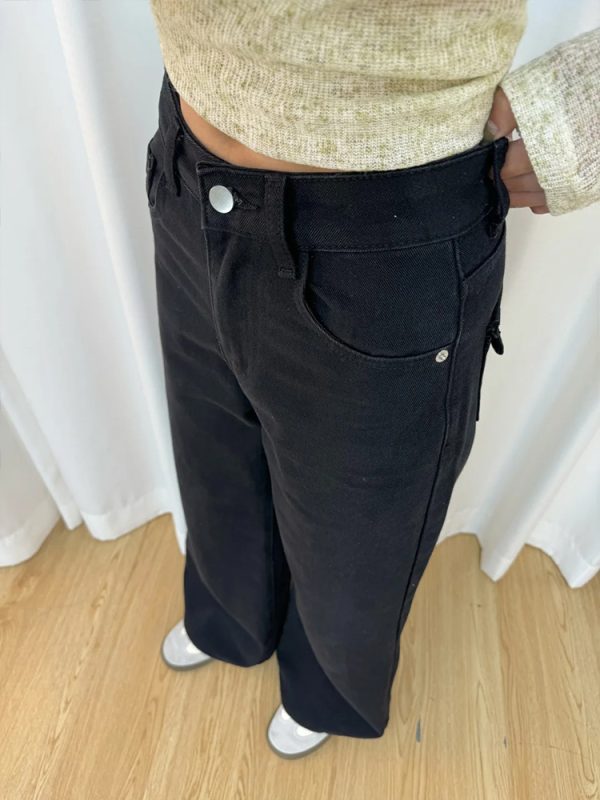 Petite Women's Black Wide-Leg Jeans, Loose Fit Flared Pants for Pear-Shaped Bodies, 2025 New Style, Trendy Casual Fashion