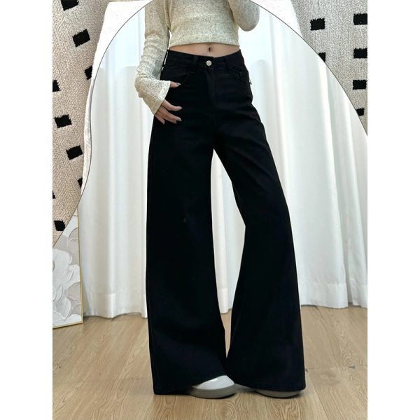 Petite Women's Black Wide-Leg Jeans, Loose Fit Flared Pants for Pear-Shaped Bodies, 2025 New Style, Trendy Casual Fashion