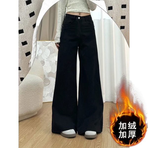 Petite Women's Black Wide-Leg Jeans, Loose Fit Flared Pants for Pear-Shaped Bodies, 2025 New Style, Trendy Casual Fashion