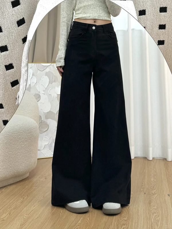 Petite Women's Black Wide-Leg Jeans, Loose Fit Flared Pants for Pear-Shaped Bodies, 2025 New Style, Trendy Casual Fashion