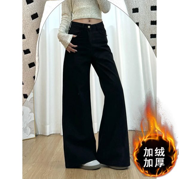 Petite Women's Black Wide-Leg Jeans, Loose Fit Flared Pants for Pear-Shaped Bodies, 2025 New Style, Trendy Casual Fashion