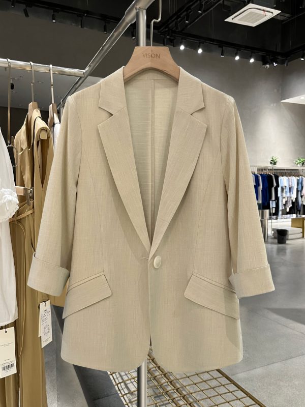 Petite Women's Spring Summer Beige Thin Three-Quarter Sleeve Suit Jacket - Short Fit, Trendy Fashion Outerwear