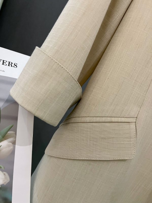 Petite Women's Spring Summer Beige Thin Three-Quarter Sleeve Suit Jacket - Short Fit, Trendy Fashion Outerwear