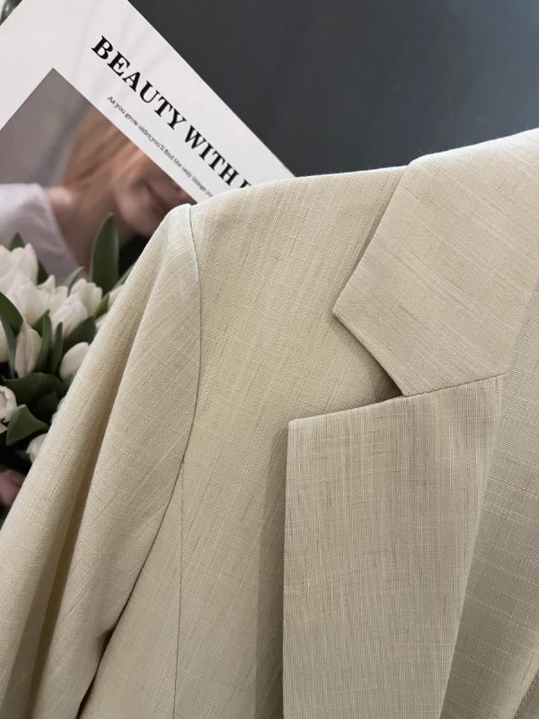 Petite Women's Spring Summer Beige Thin Three-Quarter Sleeve Suit Jacket - Short Fit, Trendy Fashion Outerwear