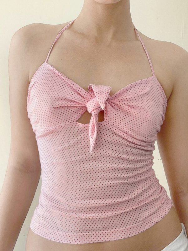 Pink Beauty Hollow Out Twisted Polka Dot Cami Halter Top - Women's Slim Fit French Design, Chic Y2K Style, White-Enhancing Fashion