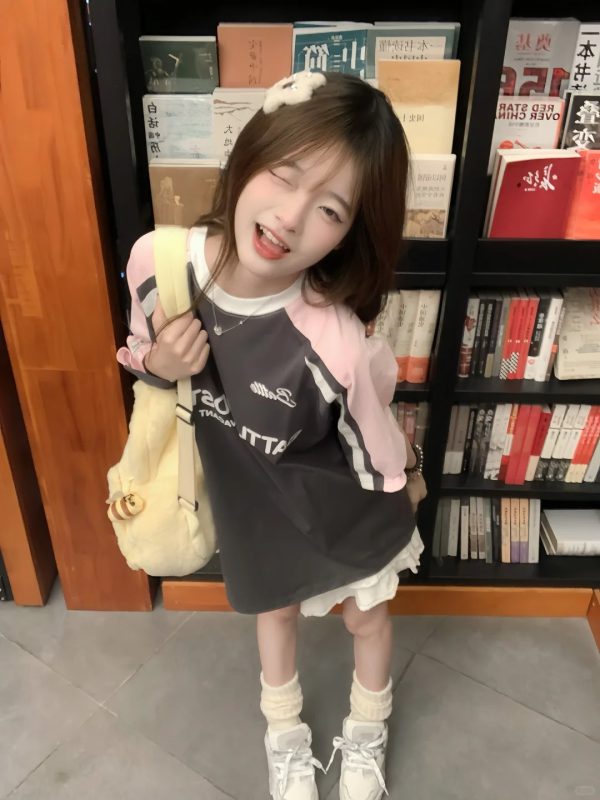 Pink Color-Blocked Raglan Short-Sleeve T-Shirt for Girls - American High Street Style, Summer Fashion for Big Kids, Junior High & High School