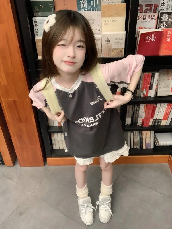Pink Color-Blocked Raglan Short-Sleeve T-Shirt for Girls - American High Street Style, Summer Fashion for Big Kids, Junior High & High School