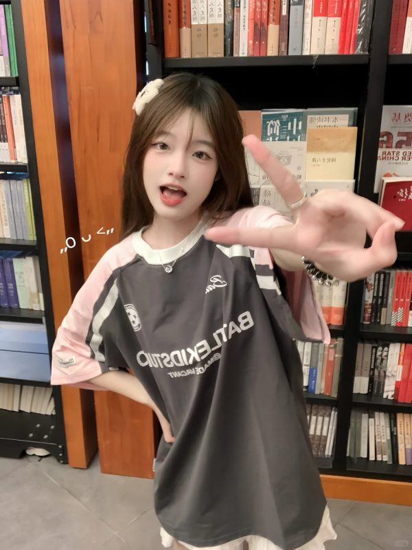 Pink Color-Blocked Raglan Short-Sleeve T-Shirt for Girls - American High Street Style, Summer Fashion for Big Kids, Junior High & High School
