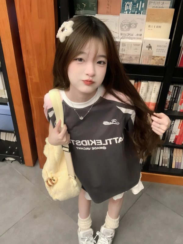 Pink Color-Blocked Raglan Short-Sleeve T-Shirt for Girls - American High Street Style, Summer Fashion for Big Kids, Junior High & High School