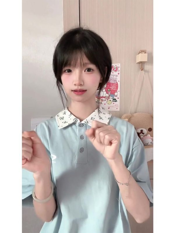 Pink Floral Patchwork Polo Collar Short-Sleeve T-Shirt for Women - Summer 90s Style Top for Juniors and Teens
