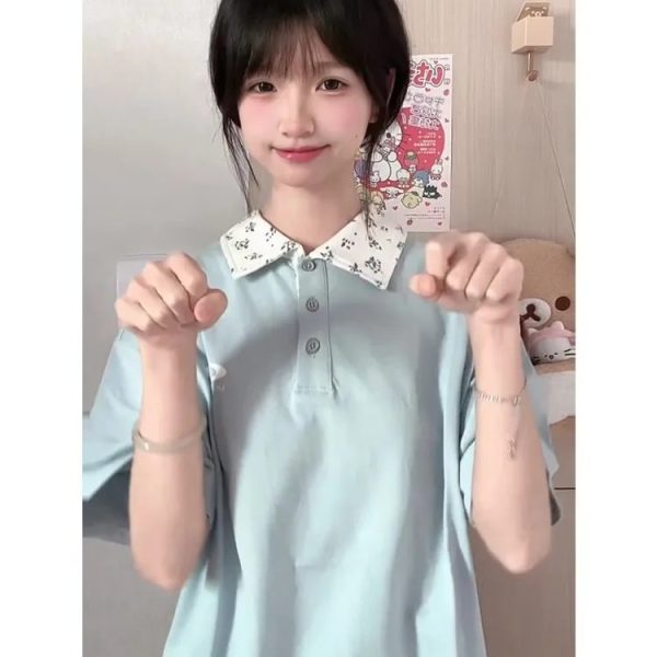 Pink Floral Patchwork Polo Collar Short-Sleeve T-Shirt for Women - Summer 90s Style Top for Juniors and Teens