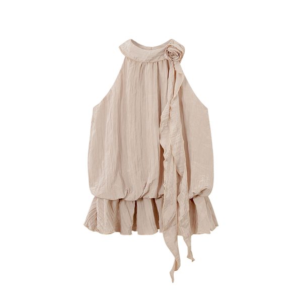 Pink Floral Ribbon Hanging Neck Sleeveless Top - Three-Dimensional Design for Women's Summer Vacation Style