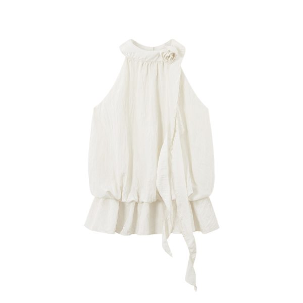 Pink Floral Ribbon Hanging Neck Sleeveless Top - Three-Dimensional Design for Women's Summer Vacation Style