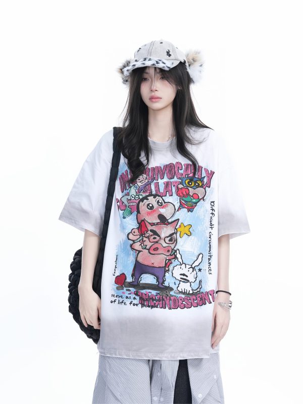 Pink Gradient Cartoon Print Loose-Fit Short-Sleeve T-Shirt for Women - American Style Heavy-Duty Casual Top