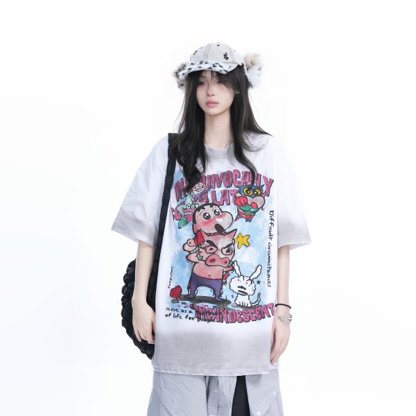 Pink Gradient Cartoon Print Loose-Fit Short-Sleeve T-Shirt for Women - American Style Heavy-Duty Casual Top