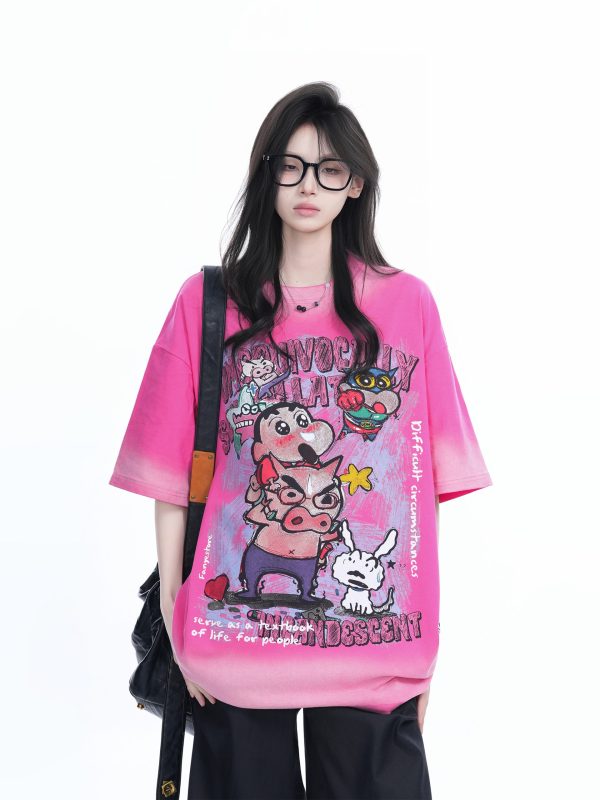 Pink Gradient Cartoon Print Loose-Fit Short-Sleeve T-Shirt for Women - American Style Heavy-Duty Casual Top