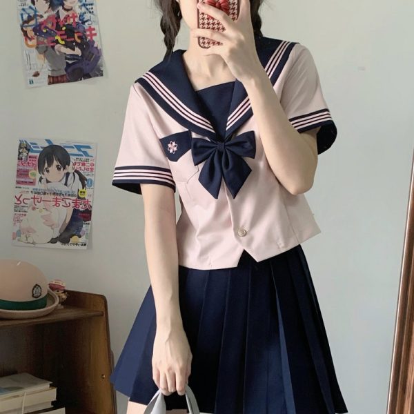 Pink JK Uniform Sailor Suit for Women - Camellia Floral Waist-Defined College Style Summer Short Sleeve Set