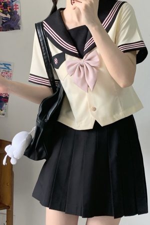 Pink JK Uniform Sailor Suit for Women - Camellia Floral Waist-Defined College Style Summer Short Sleeve Set