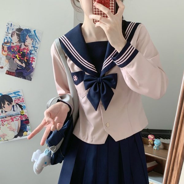 Pink JK Uniform Sailor Suit for Women - Camellia Floral Waist-Defined College Style Summer Short Sleeve Set