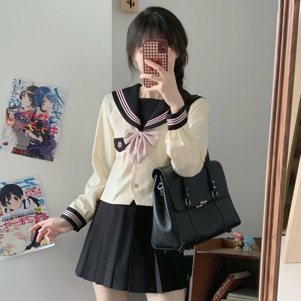 Pink JK Uniform Sailor Suit for Women - Camellia Floral Waist-Defined College Style Summer Short Sleeve Set