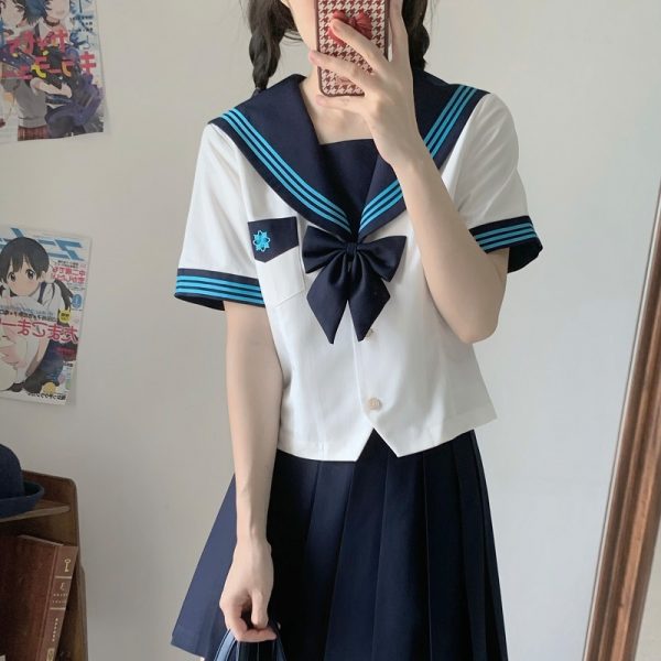 Pink JK Uniform Sailor Suit for Women - Camellia Floral Waist-Defined College Style Summer Short Sleeve Set
