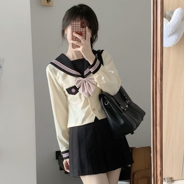 Pink JK Uniform Sailor Suit for Women - Camellia Floral Waist-Defined College Style Summer Short Sleeve Set