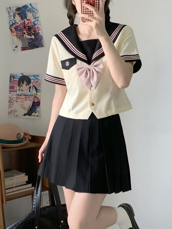 Pink JK Uniform Sailor Suit for Women - Camellia Floral Waist-Defined College Style Summer Short Sleeve Set