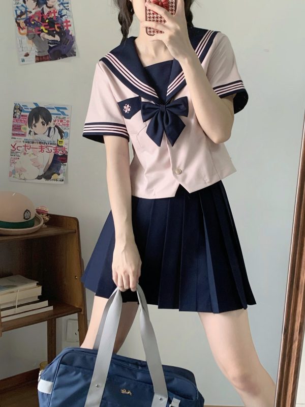 Pink JK Uniform Sailor Suit for Women - Camellia Floral Waist-Defined College Style Summer Short Sleeve Set