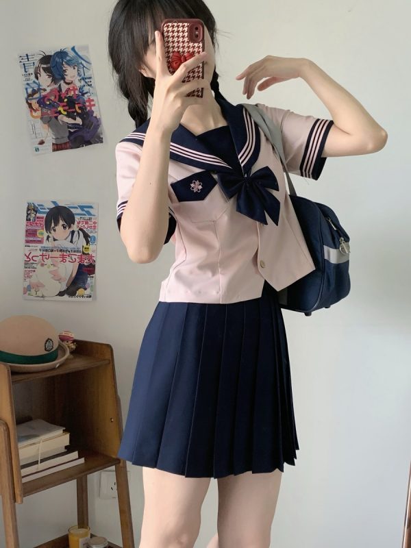 Pink JK Uniform Sailor Suit for Women - Camellia Floral Waist-Defined College Style Summer Short Sleeve Set