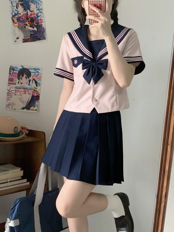 Pink JK Uniform Sailor Suit for Women - Camellia Floral Waist-Defined College Style Summer Short Sleeve Set