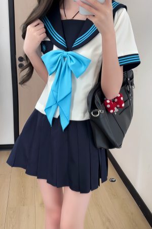 Pink JK Uniform Sailor Suit for Women - Camellia Floral Waist-Defined College Style Summer Short Sleeve Set