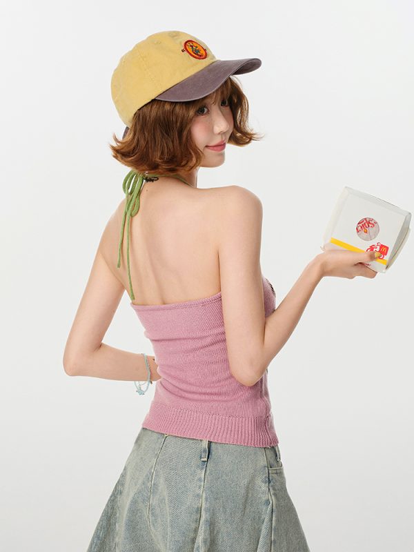 Pink Knitted Backless Halter Top for Women - American Retro Summer Style, Slim-Fit, Girly Y2K Fashion Top