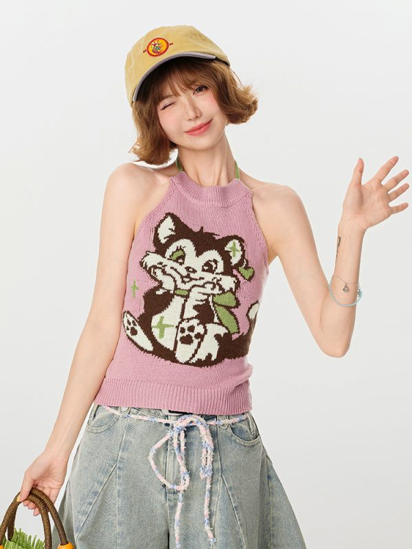 Pink Knitted Backless Halter Top for Women - American Retro Summer Style, Slim-Fit, Girly Y2K Fashion Top