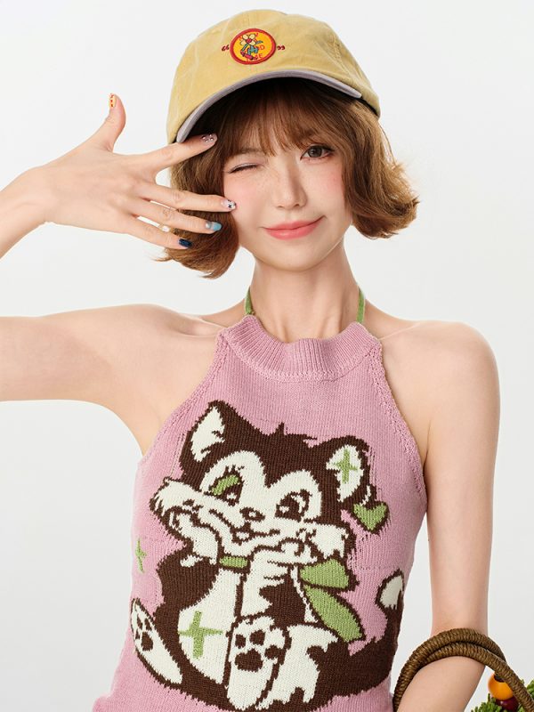 Pink Knitted Backless Halter Top for Women - American Retro Summer Style, Slim-Fit, Girly Y2K Fashion Top