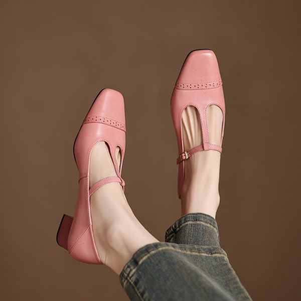 Pink Mary Jane Slip-On Shoes for Women - French Square-Toe Mid-Heel - Chic Italian Style