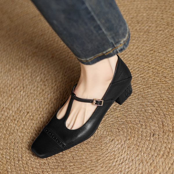 Pink Mary Jane Slip-On Shoes for Women - French Square-Toe Mid-Heel - Chic Italian Style