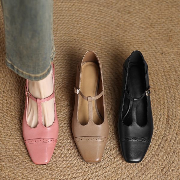 Pink Mary Jane Slip-On Shoes for Women - French Square-Toe Mid-Heel - Chic Italian Style
