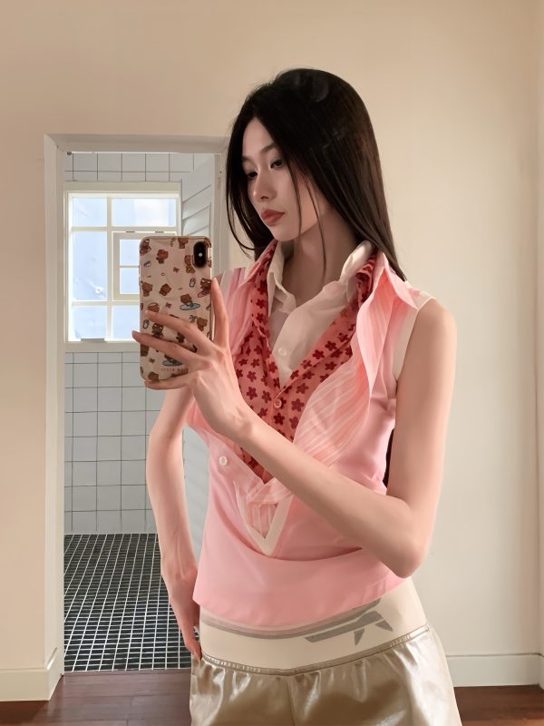 Pink Multi-Collar V-Neck Shirt Vest - Soft Comfortable Short-Sleeve Top for Versatile OL Style