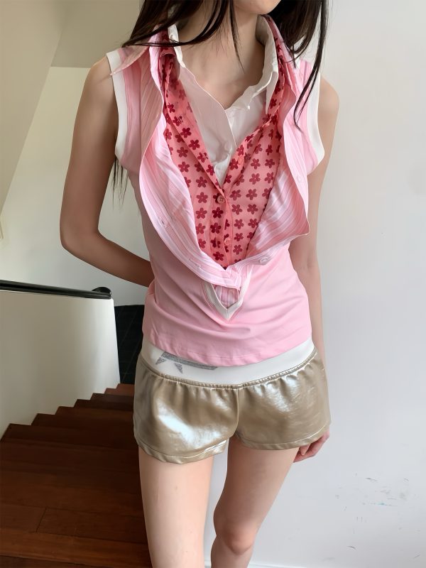 Pink Multi-Collar V-Neck Shirt Vest - Soft Comfortable Short-Sleeve Top for Versatile OL Style