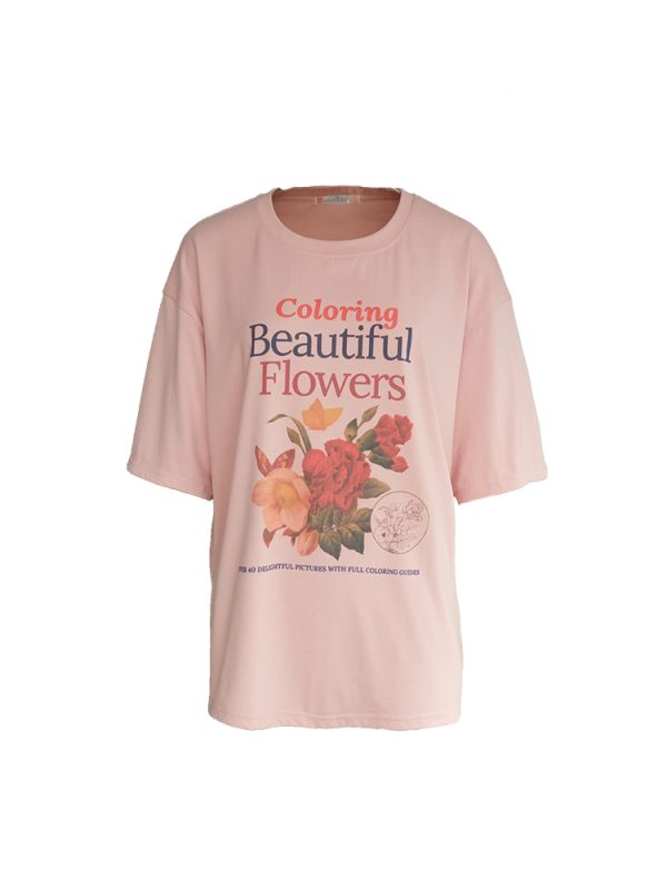 Pink Retro Floral Print Short Sleeve T-Shirt for Women - Summer Loose Fit Round Neck Top - Vintage 90s Style