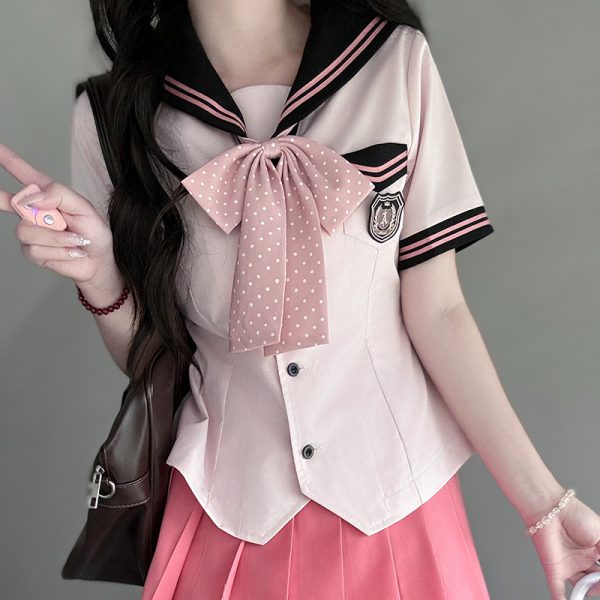 Pink Sailor Suit Women's JK Uniform with Navy Collar - Summer College Style Pudding Bear Inspired 2025 Fashion