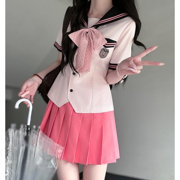 Pink Sailor Suit Women's JK Uniform with Navy Collar - Summer College Style Pudding Bear Inspired 2025 Fashion