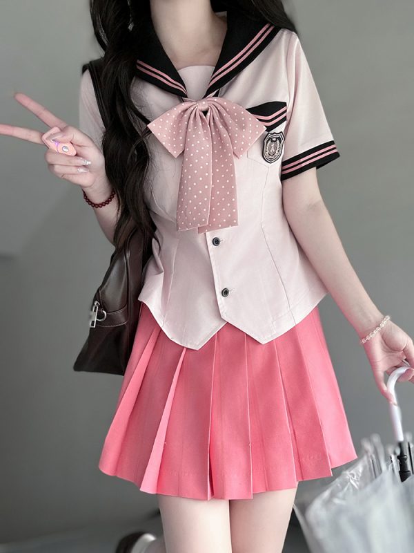Pink Sailor Suit Women's JK Uniform with Navy Collar - Summer College Style Pudding Bear Inspired 2025 Fashion
