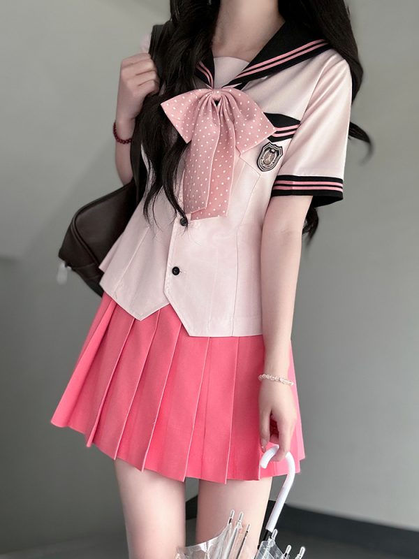 Pink Sailor Suit Women's JK Uniform with Navy Collar - Summer College Style Pudding Bear Inspired 2025 Fashion