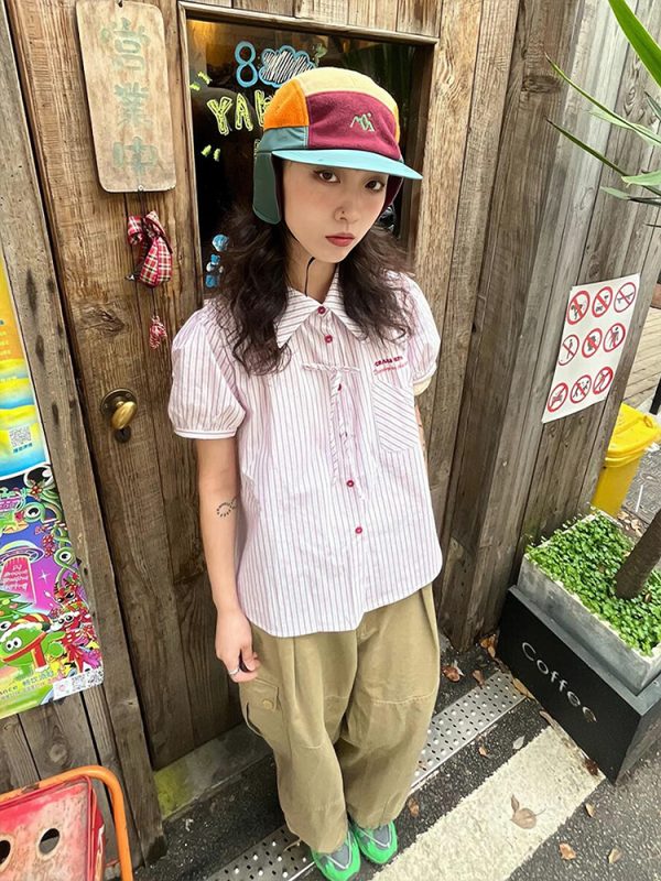 Pink Striped Short Sleeve Blouse for Women - Summer Puff Sleeve Jacket, Loose Slimming Top, Trendy Miu Style