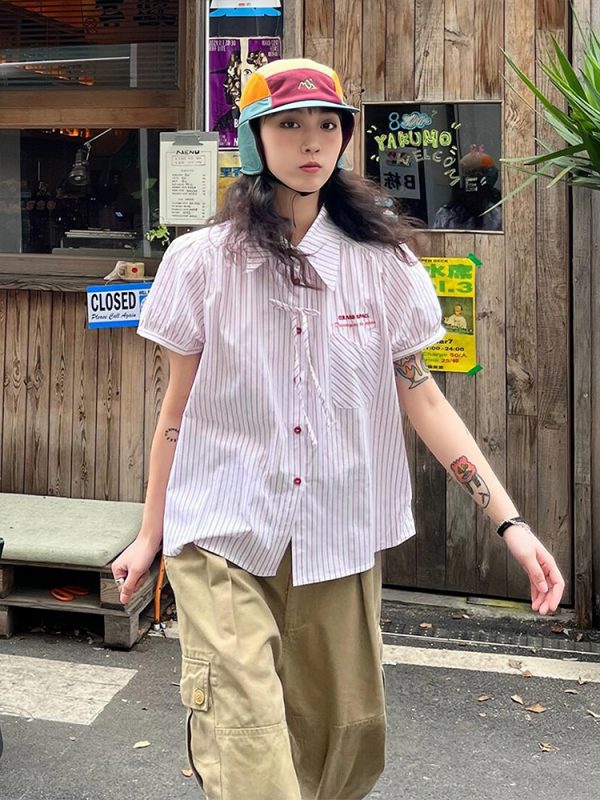 Pink Striped Short Sleeve Blouse for Women - Summer Puff Sleeve Jacket, Loose Slimming Top, Trendy Miu Style