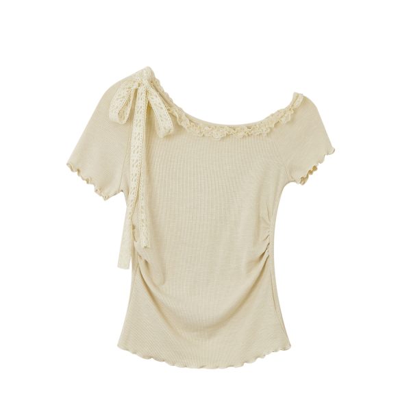 Pink Sweet and Spicy Lace Strap Short Sleeve T-Shirt for Women with Ruffled Edges - Summer Fashion Essential
