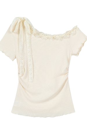 Pink Sweet and Spicy Lace Strap Short Sleeve T-Shirt for Women with Ruffled Edges - Summer Fashion Essential
