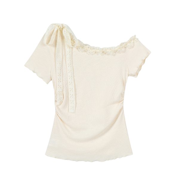 Pink Sweet and Spicy Lace Strap Short Sleeve T-Shirt for Women with Ruffled Edges - Summer Fashion Essential